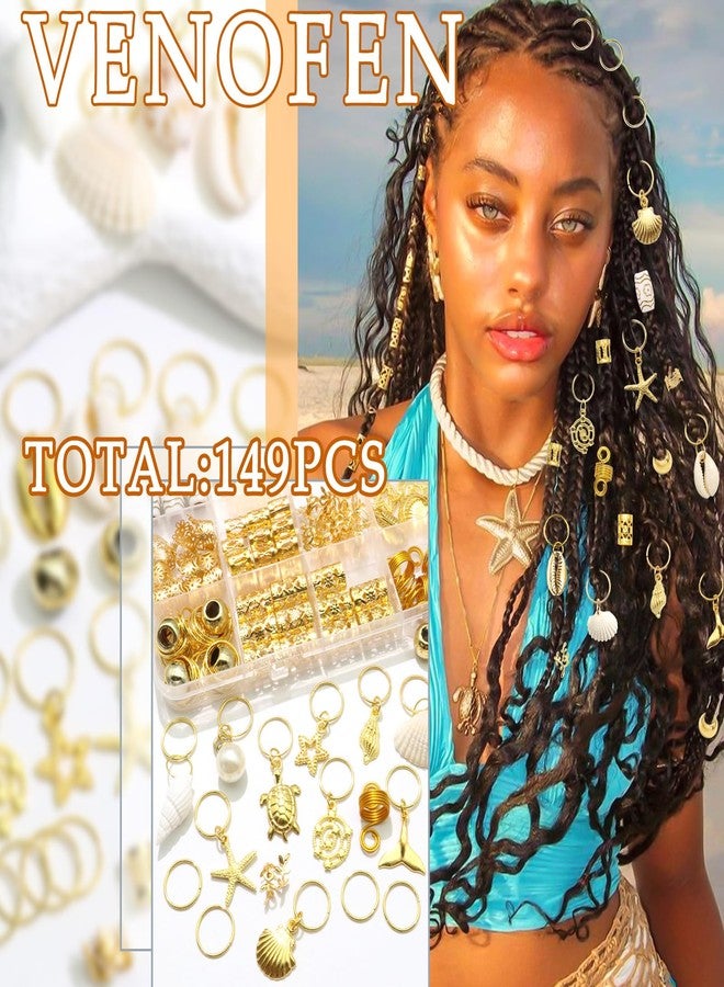 VENOFEN 149Pcs Shell Hair Jewelry Gold Loc Cuffs Rings Natural Conch Starfish Braids Clips Pearl Dreadlock Charm Hair Tube Beads Accessories for Women and Girls - Image 2